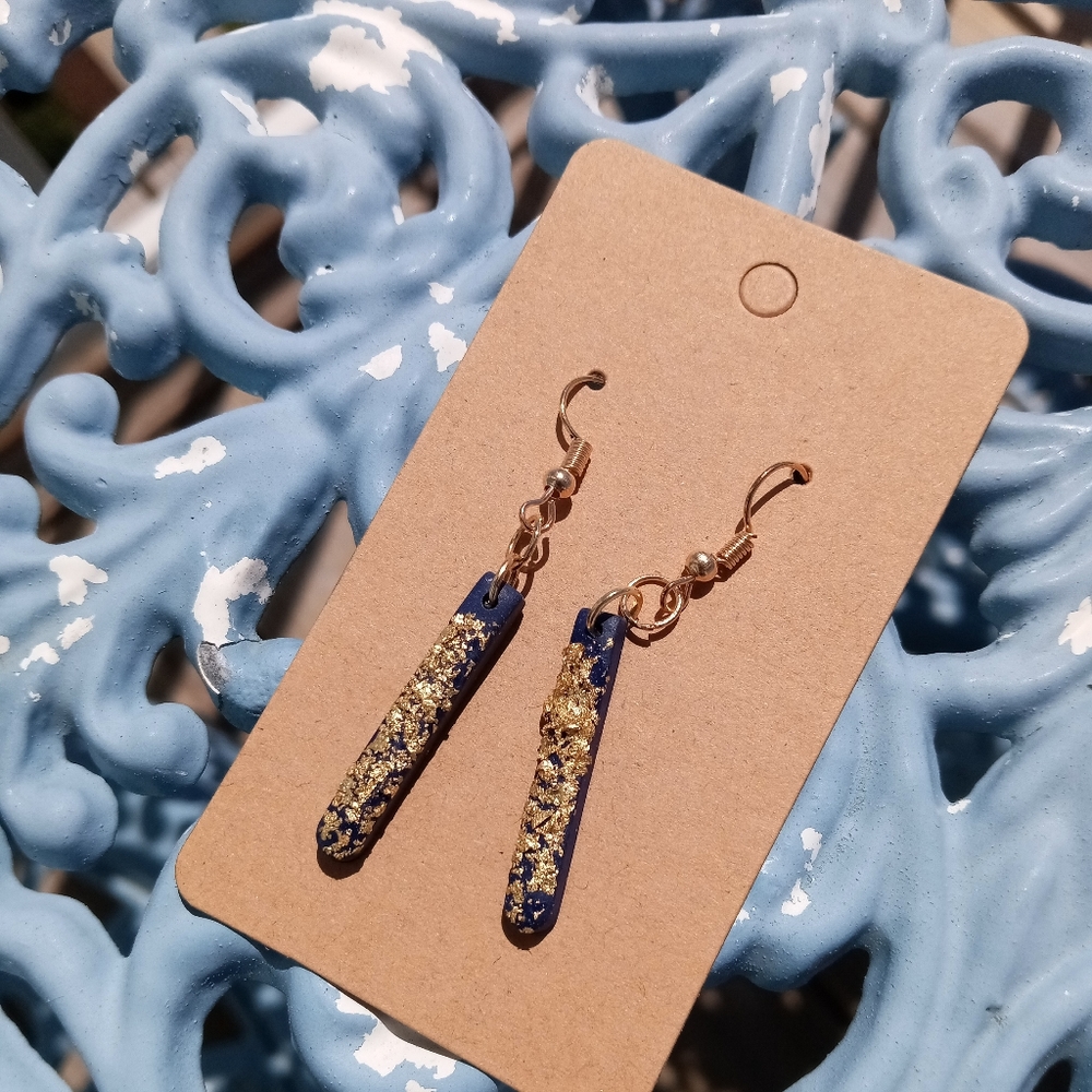 Navy blue and gold metallic clay statement drop earrings hand crafted bohemian